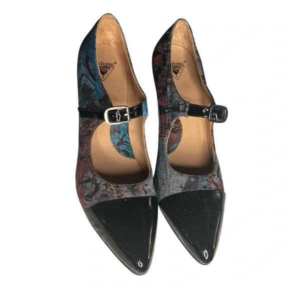 JOHN FLUEVOG Shiloh JF Tapestry Patent Leather Mary Jane Shoes Heels Size 8 - Picture 7 of 11